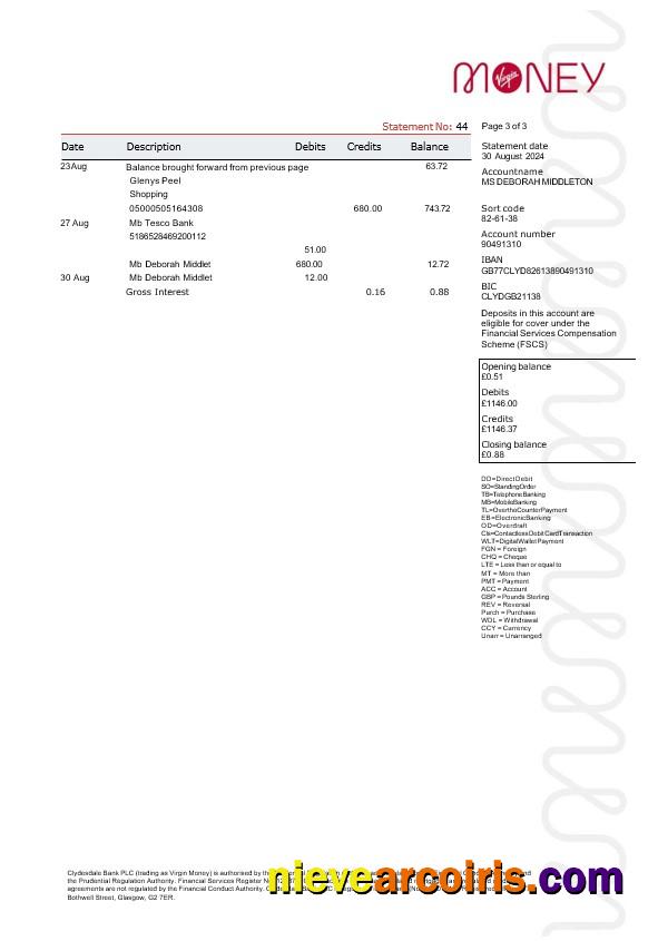 United Kingdom Virgin Money Statement, 3 Pages 2 Photolook