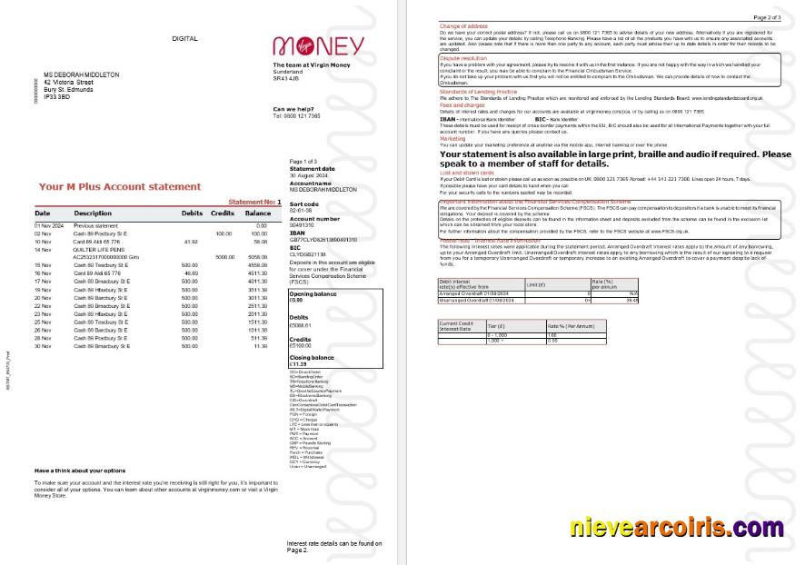 United Kingdom Virgin Money Statement, 3 Pages Template