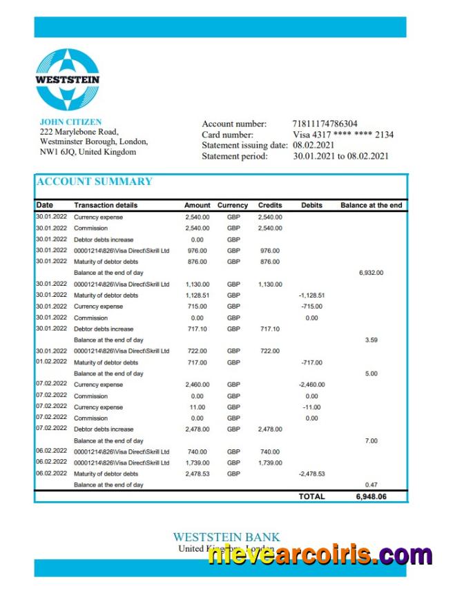 United Kingdom Weststein Bank Excel Preview