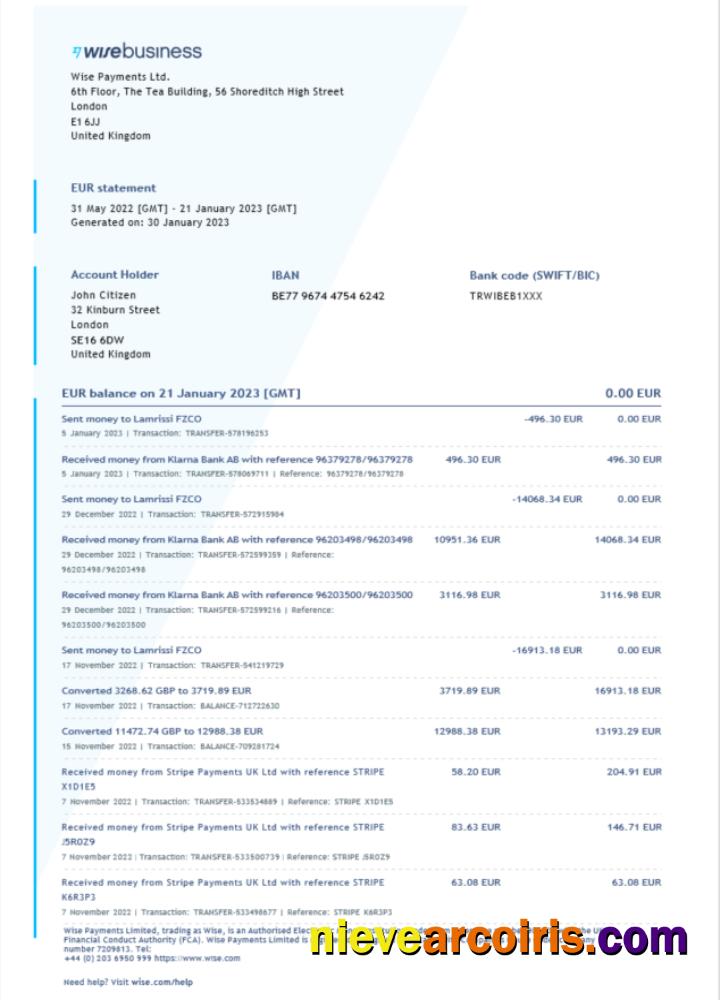 Premium United Kingdom Wise Business Bank Statement Word And PDF Template