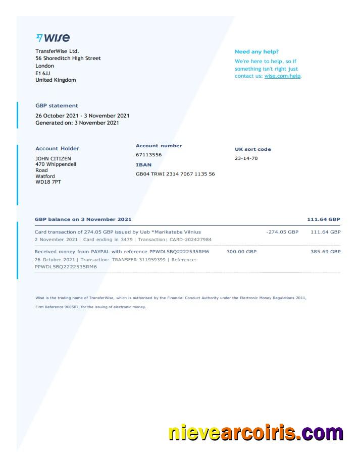 Professional United Kingdom Wise Bank Statement Template In Word And PDF Format