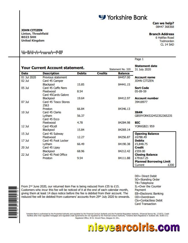 Editable United Kingdom Yorkshire Bank Statement Template In Word And PDF Format, Good For Address Prove