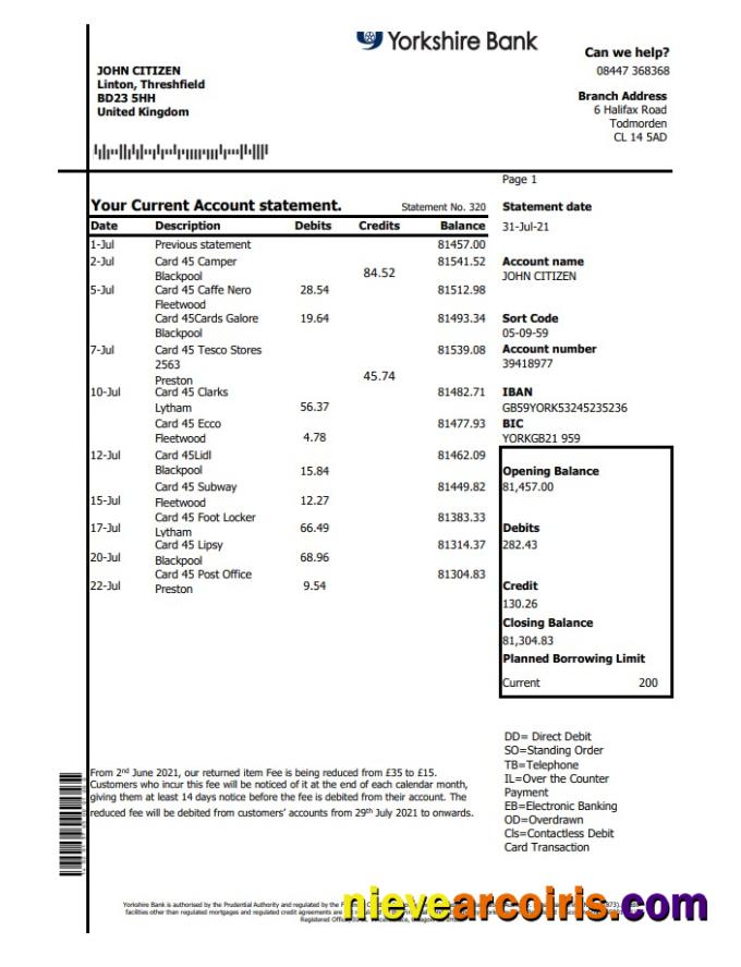 Premium United Kingdom Yorkshire Bank Statement Easy To Fill Template In Excel And PDF Format