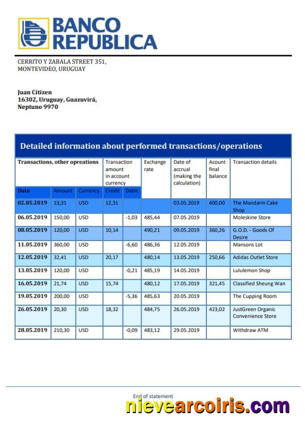 Professional Uruguay Banco De La República Oriental Del Uruguay Bank Statement Template In Word And PDF Format, Good For Address Prove