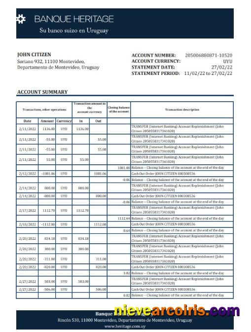 Premium Uruguay Banque Heritage Bank Statement, Excel And PDF Template