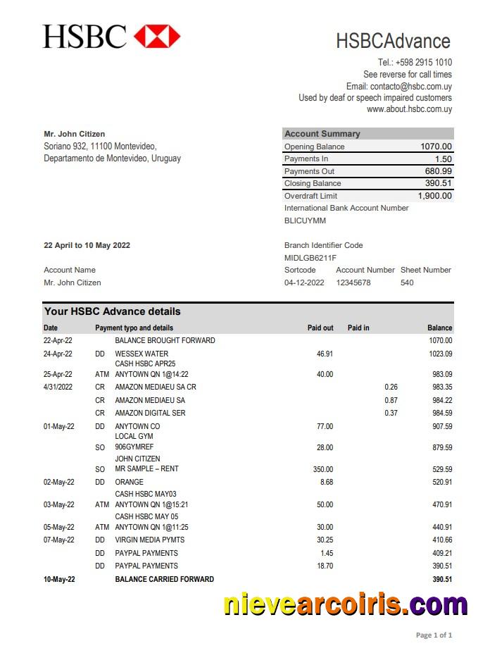 Uruguay HSBC Bank Statement Preview