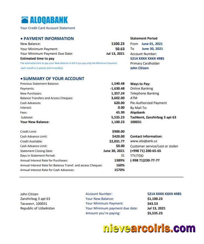 Uzbekistan Aloqabank Excel Pdf Sample