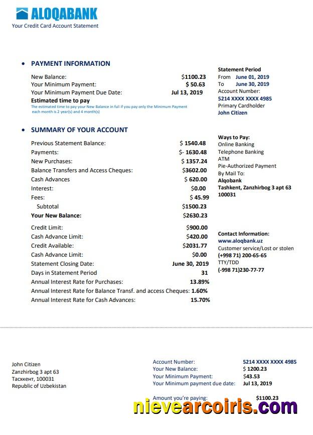 Professional Uzbekistan Aloqabank Proof Of Address Statement Template In Word And PDF Format
