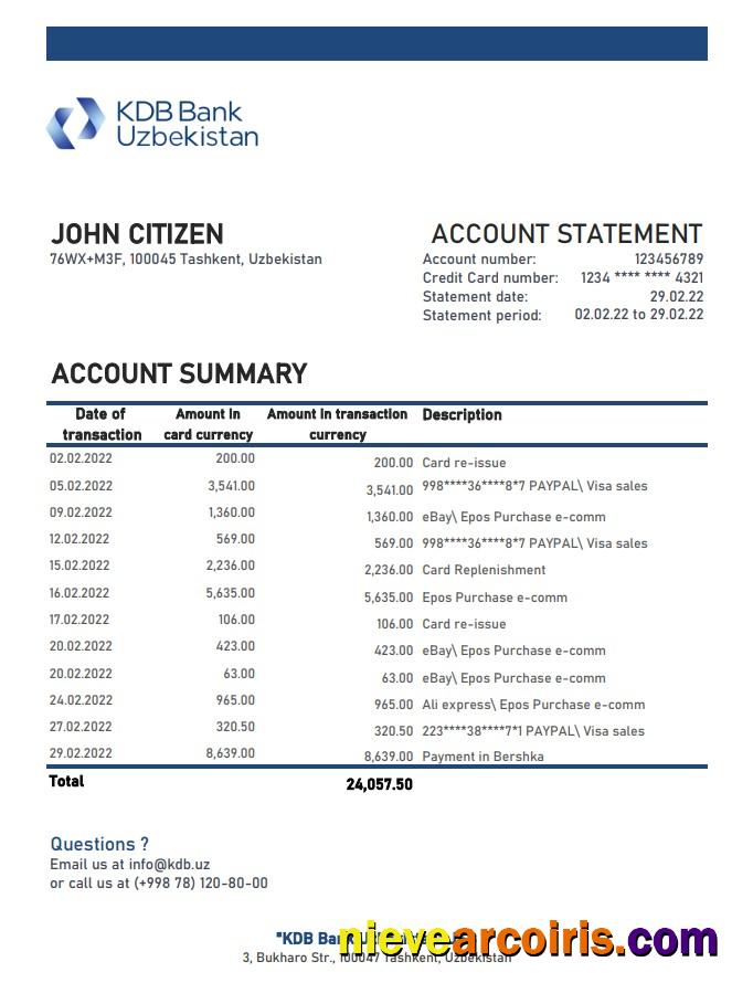 Uzbekistan KDB Bank Statement Photolook