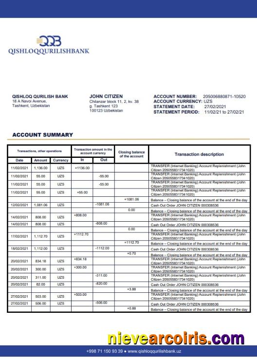 Uzbekistan Qishloq Qurilish Bank Sample