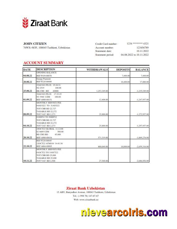 Uzbekistan Ziraat Bank Statement, Excel And PDF Format Preview
