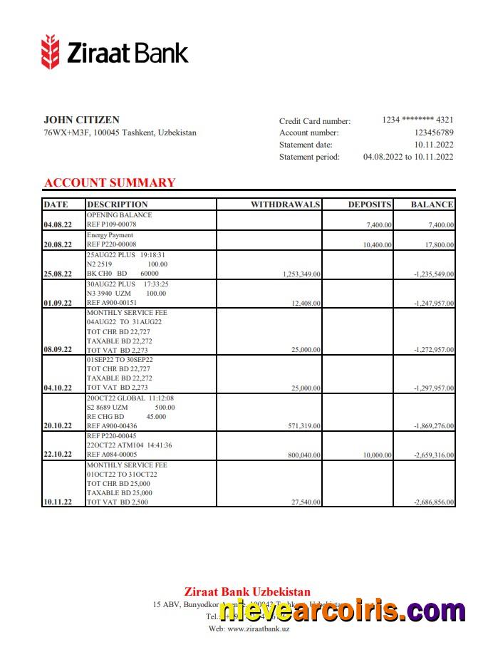Uzbekistan Ziraat Bank Statement Sample