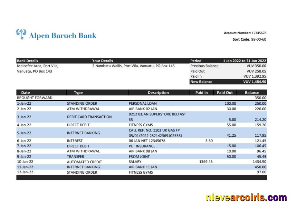 Vanuatu Alpen Baruch Bank Statement Template