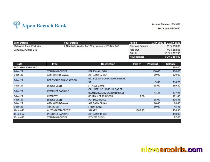 Realistic Vanuatu Alpen Baruch Bank Statement, Excel And PDF Template