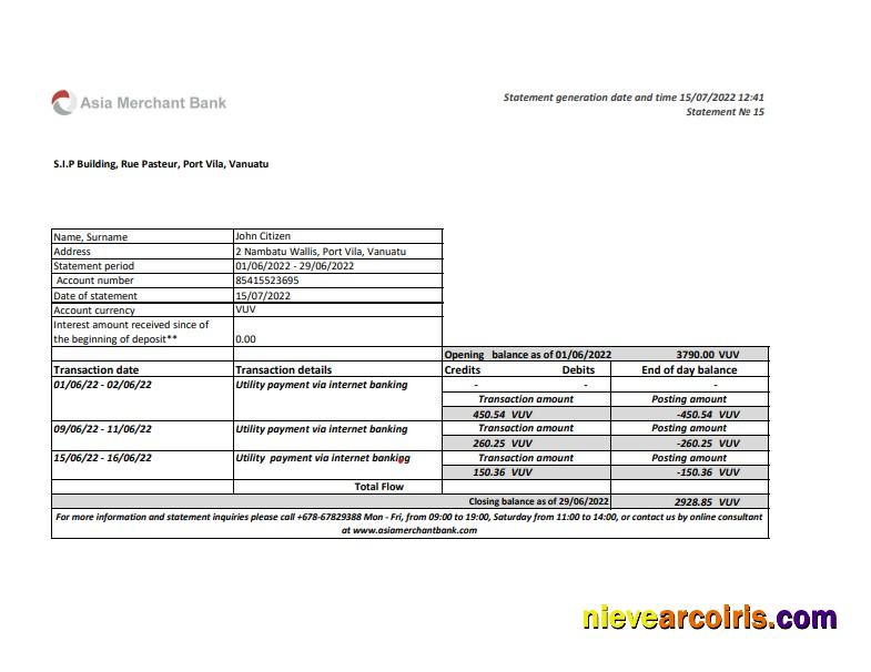 Vanuatu Asia Merchant Bank Statement, Excel And PDF Format Photolook
