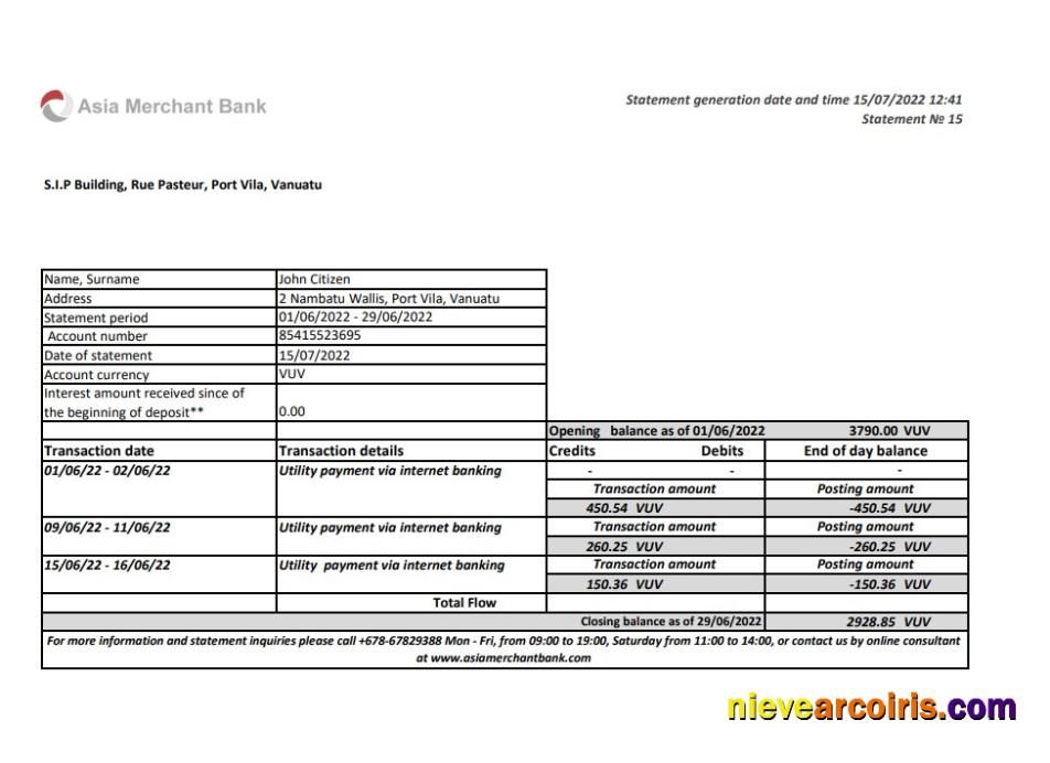 Vanuatu Asia Merchant Bank Statement Preview