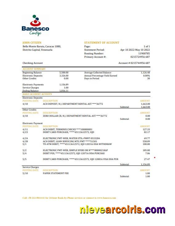 Professional Venezuela Banesco Bank Statement, Excel And PDF Template