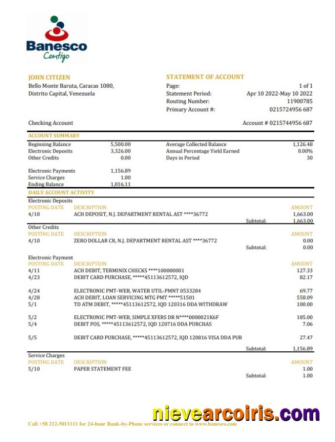 Venezuela Banesco Bank Statement Sample