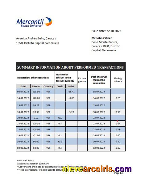 Realistic Venezuela Mercantil Bank Statement Template In Word And PDF Format
