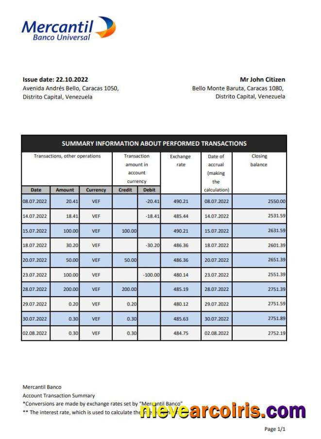 Venezuela Mercantil Bank Statement Template