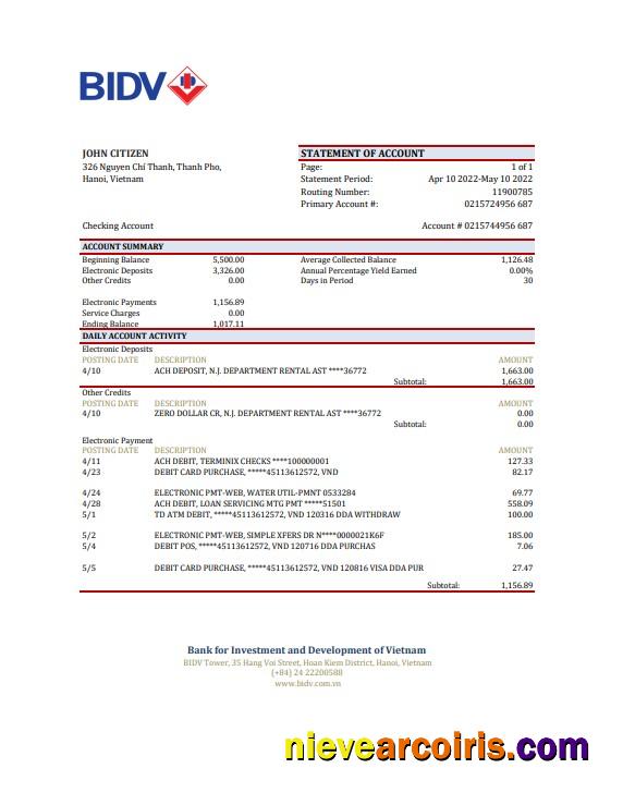 Premium Vietnam BIDV Bank Statement, Excel And PDF Template