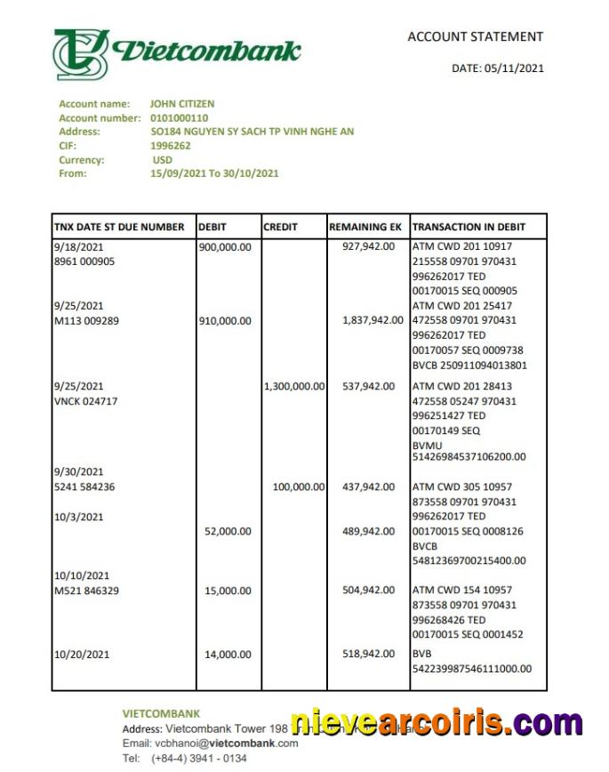 Vietnam Vietcombank Excel Pdf Sample