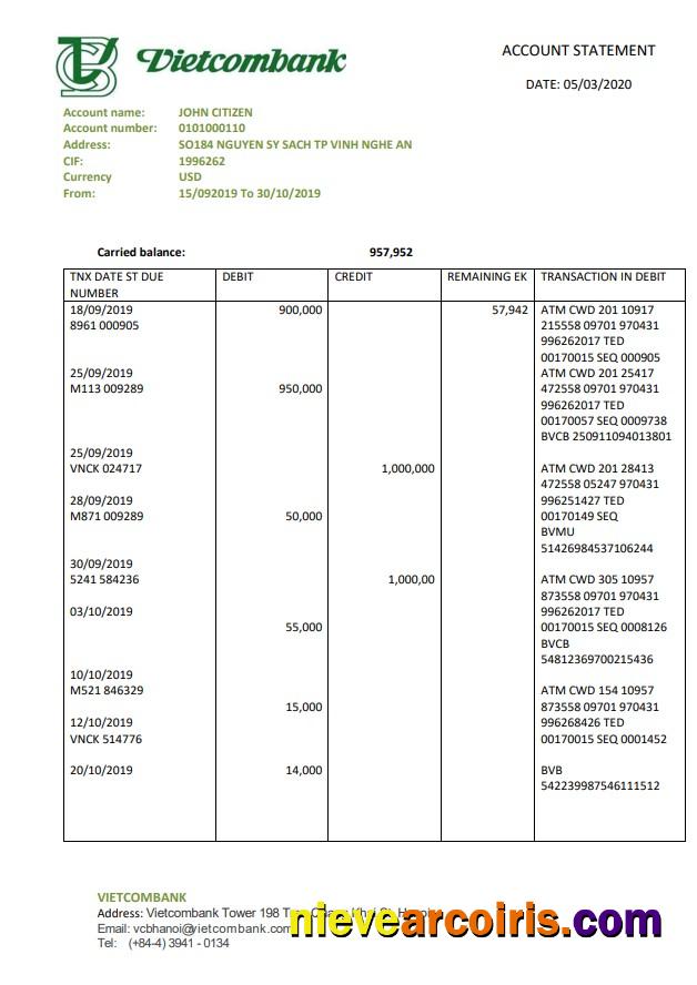 Vietnam Vietcombank Statement Sample