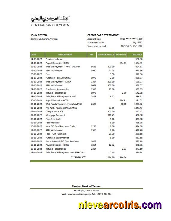 Professional Yemen Central Bank Of Yemen Bank Statement, Excel And PDF Template