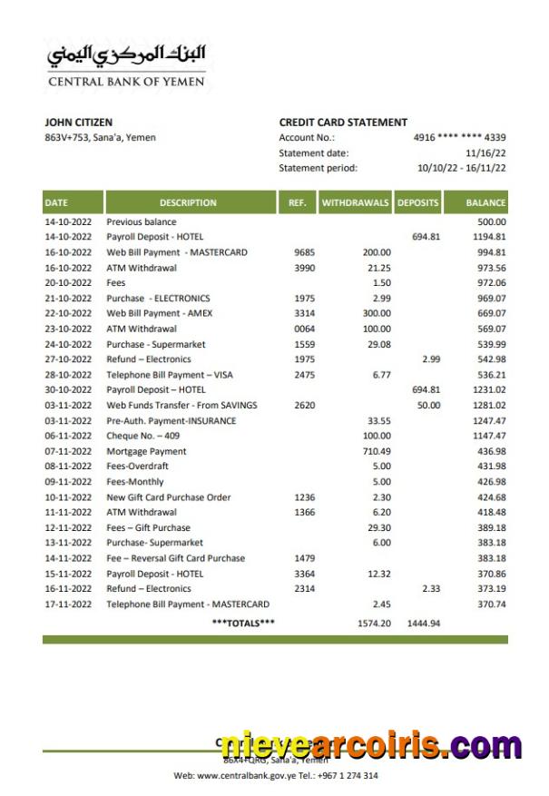 Yemen Central Bank Of Yemen Bank Statement Sample