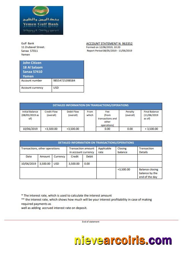 Yemen Gulf Bank Statement Template