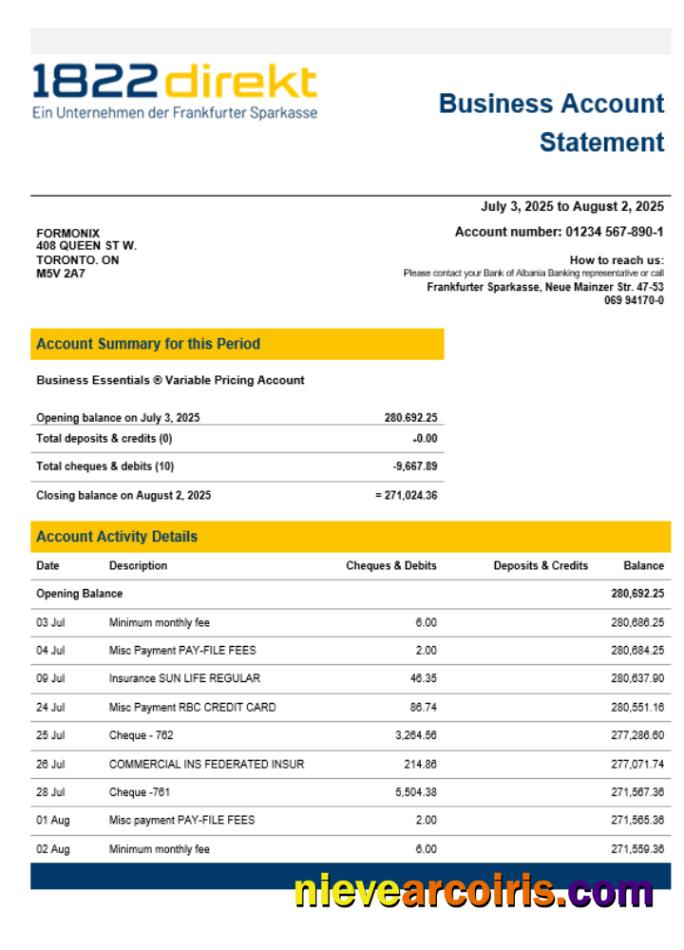 Editable 1822direkt Bank Enterprise Account Statement Word And PDF Template
