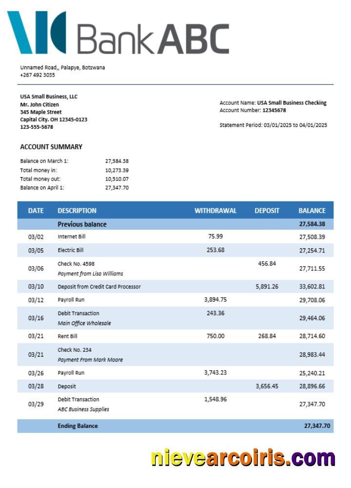 Realistic ABC Bank Company Checking Account Statement Word And PDF Template