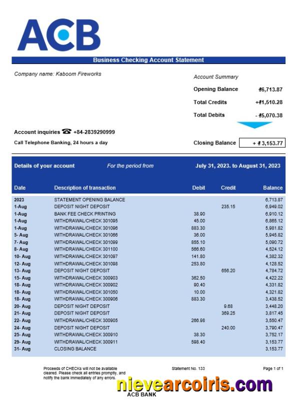 Realistic ACB Bank Firm Account Statement Word And PDF Template