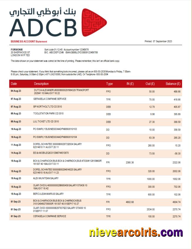 Editable ADCB Bank Company Statement Word And PDF Template