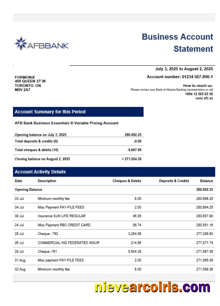AFB Business Firm Account Bank Statement Word And PDF Format Sample