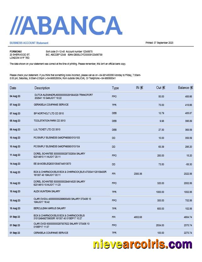 Editable Abanca Bank Firm Account Statement Word And PDF Template