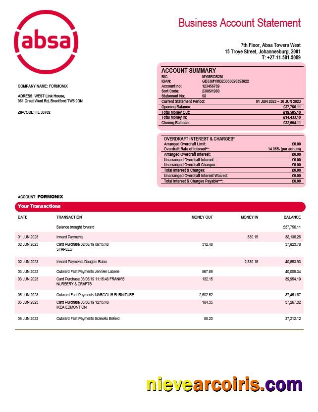 Professional Absa Bank Company Checking Account Statement Word And PDF Template