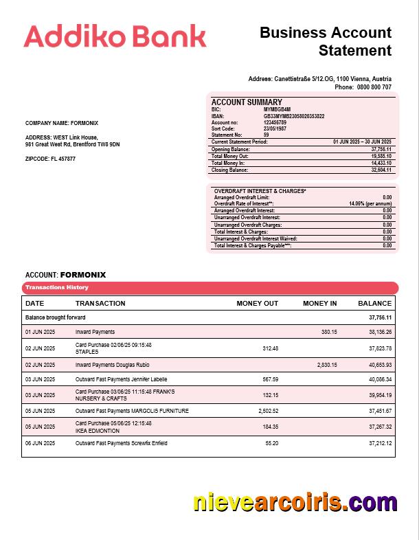 Addiko Business Bank Organization Account Statement Word And PDF Format Preview