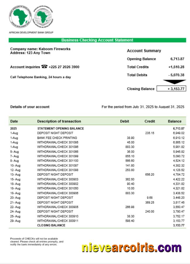 African Development Business Bank Statement Word And PDF Format Template