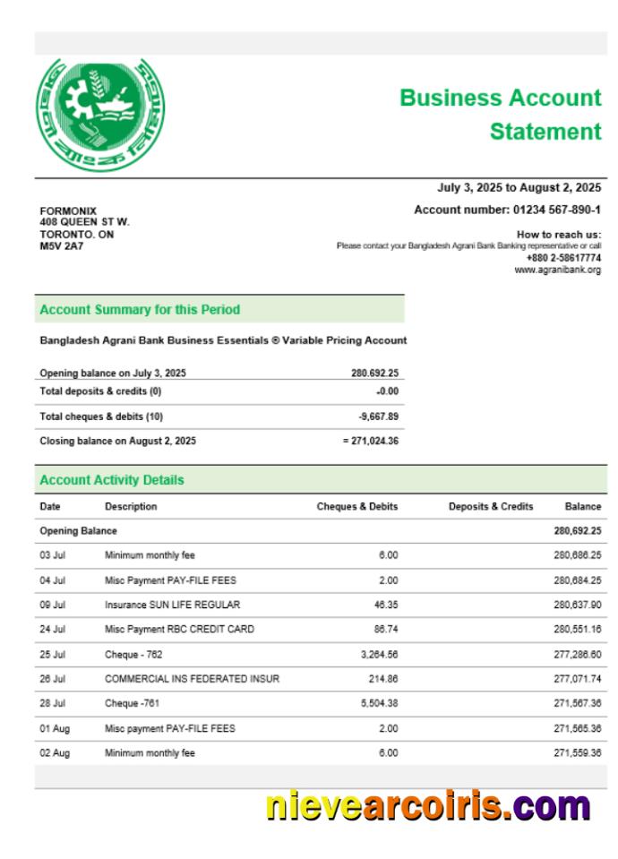 Editable Agrani Bank Firm Account Statement Word And PDF Template