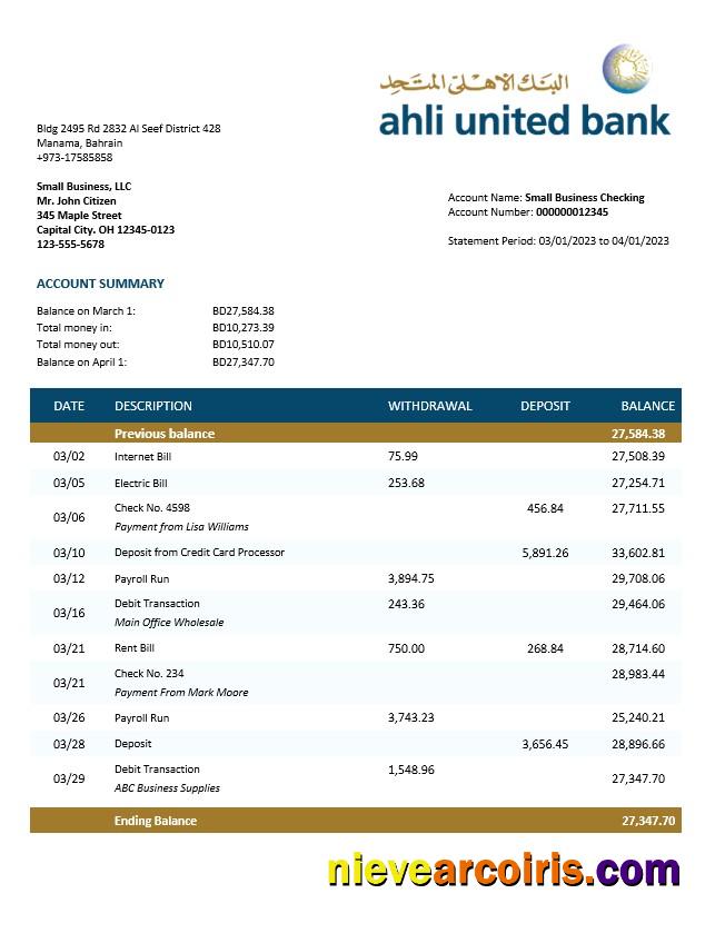 Professional Ahli United Bank Firm Account Statement Word And PDF Template