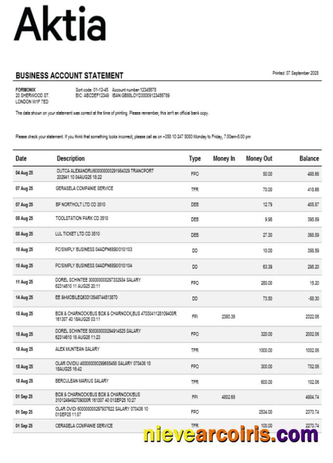 Aktia Bank Business Firm Account Statement Word Snd PDF Format Template