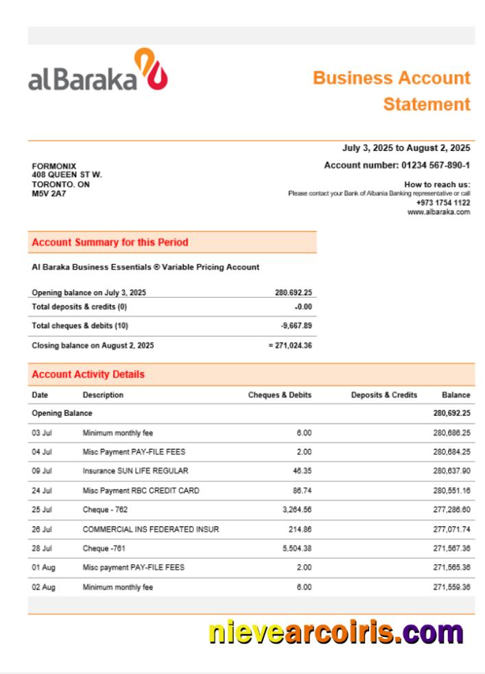 Al Baraka Business Bank Company Account Statement Word And PDF Format Template