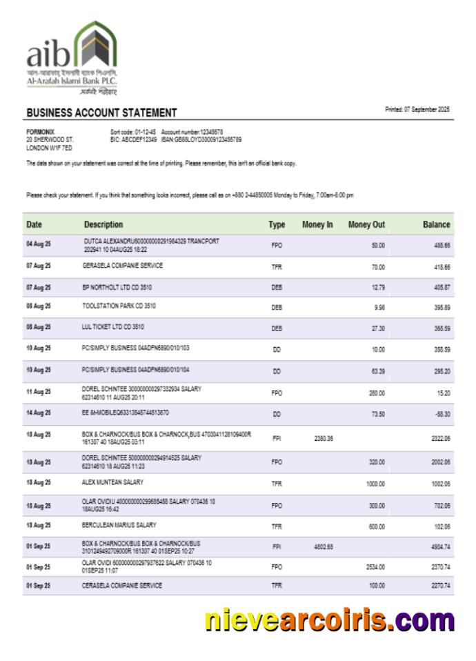Premium Al Arafah Islami Bank Business Account Statement Word And PDF Template