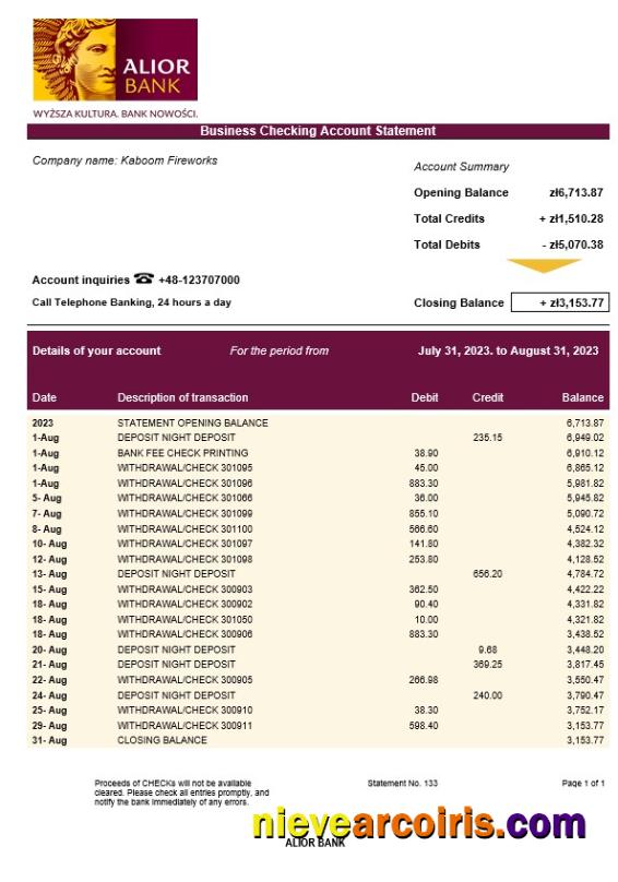 Realistic Alior Bank Company Checking Account Statement Word And PDF Template