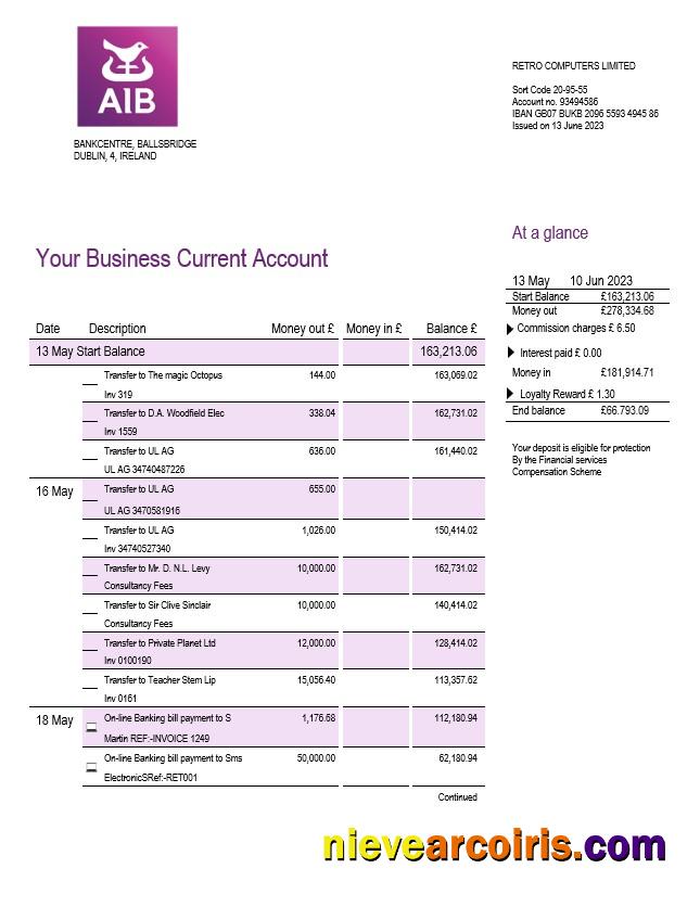 Editable Allied Irish Banks (AIB) Enterprise Statement Word And PDF Template