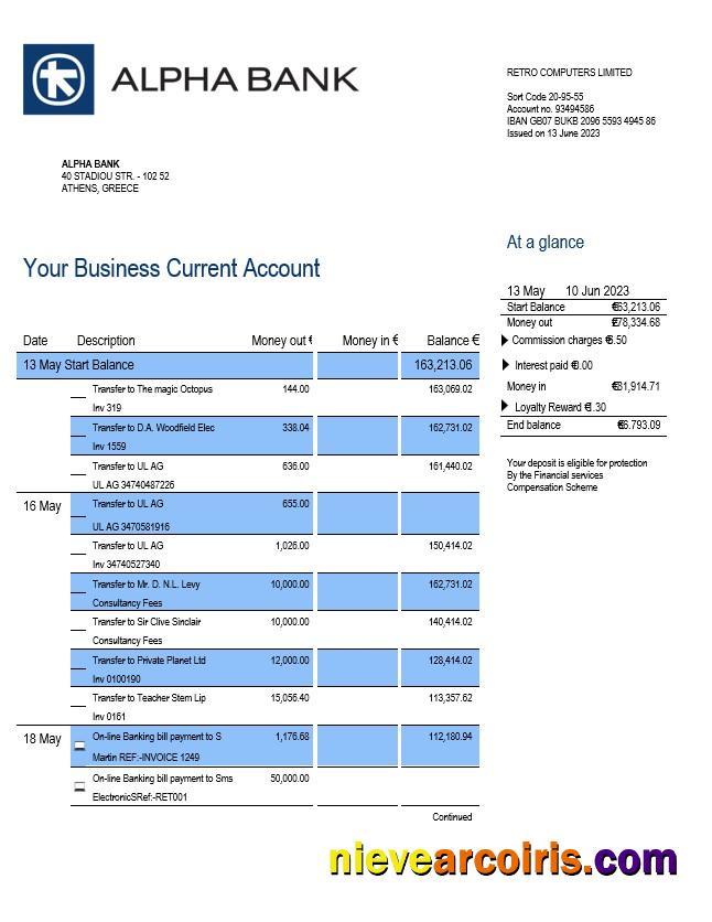 Editable Alpha Bank Company Checking Account Statement Word And PDF Template