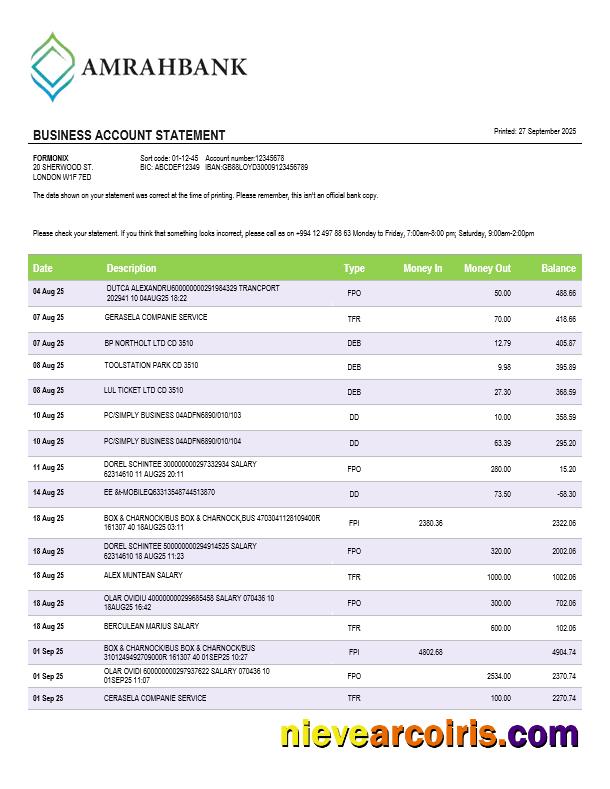 Amrahbank Account Business Statement Word And PDF Format Sample