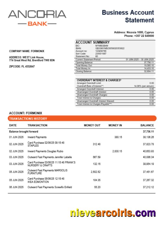 Editable Ancoria Bank Business Account Statement Word And PDF Template