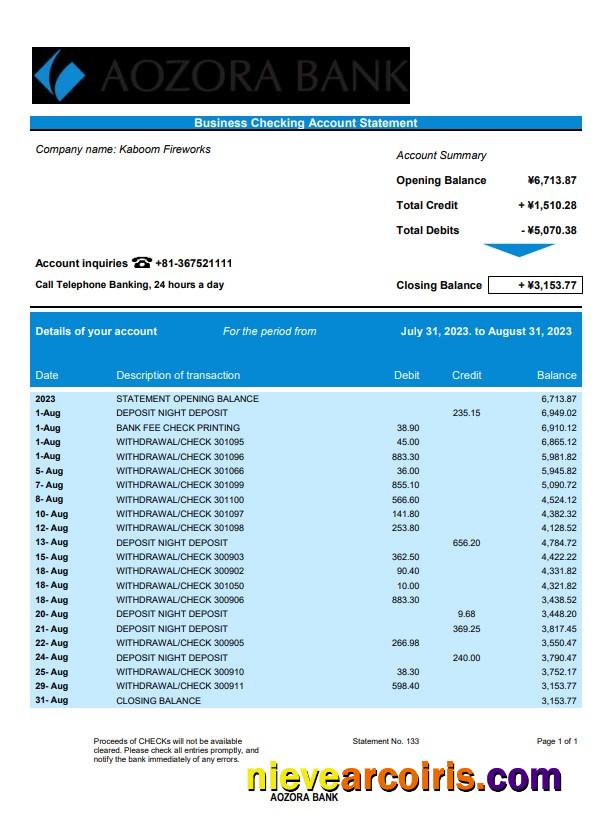 Professional Aozora Bank Organization Checking Account Statement Word And PDF Template